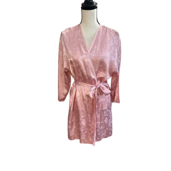Vintage Women's Pink Satin Robe Roses Bows Floral Jacquard Belted Dressing Gown - Picture 1 of 6